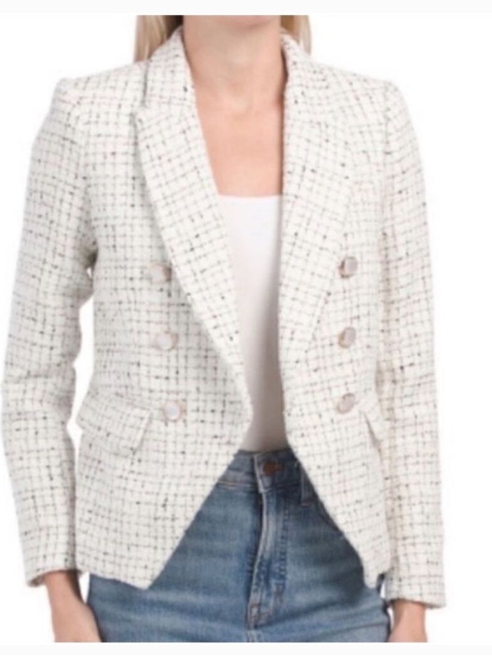 Rachel Zoe White & Black Tweed Double-Breasted Blazer Large New